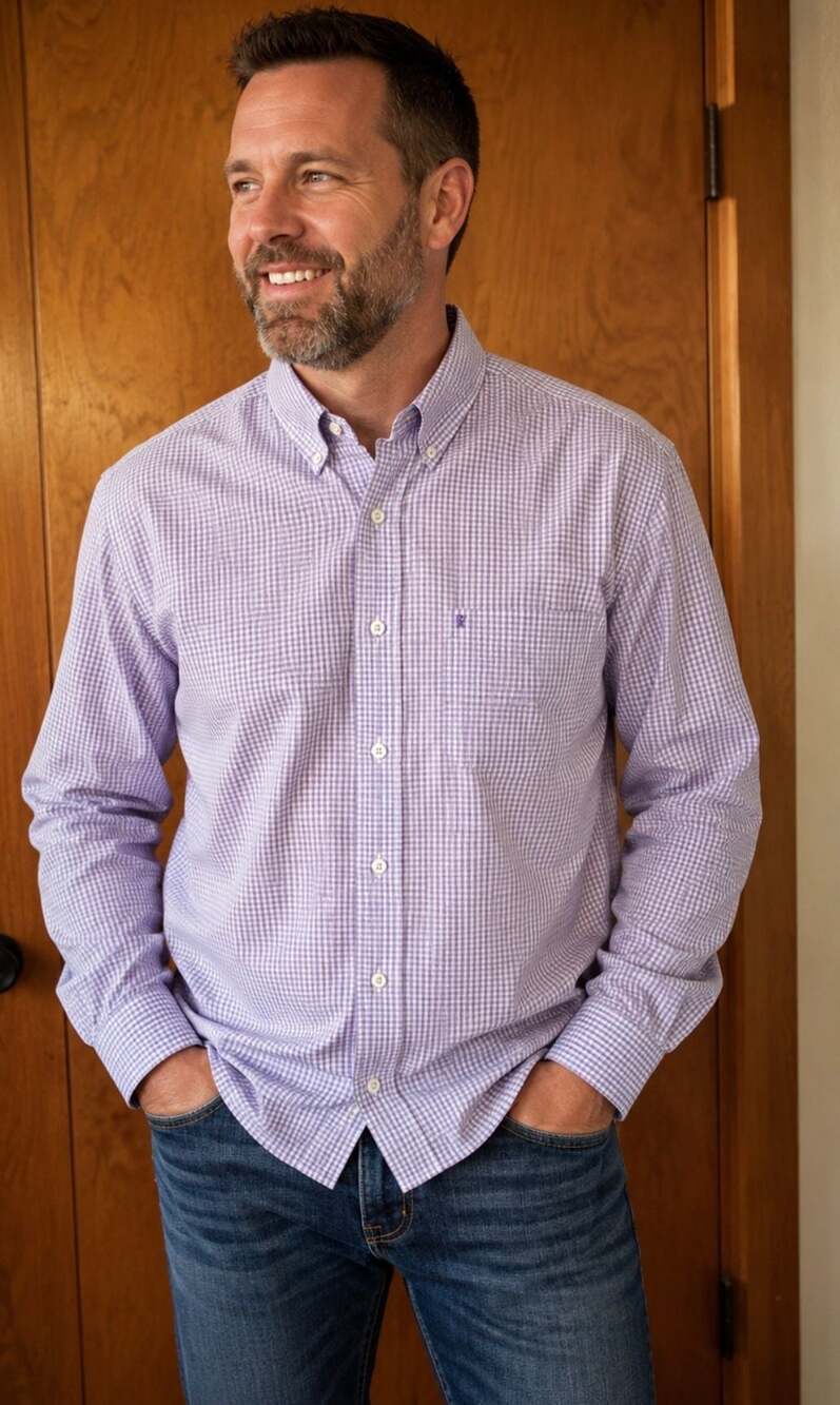 IZOD Men's Purple and White Micro-Check Long Sleeve Button-Down Shirt